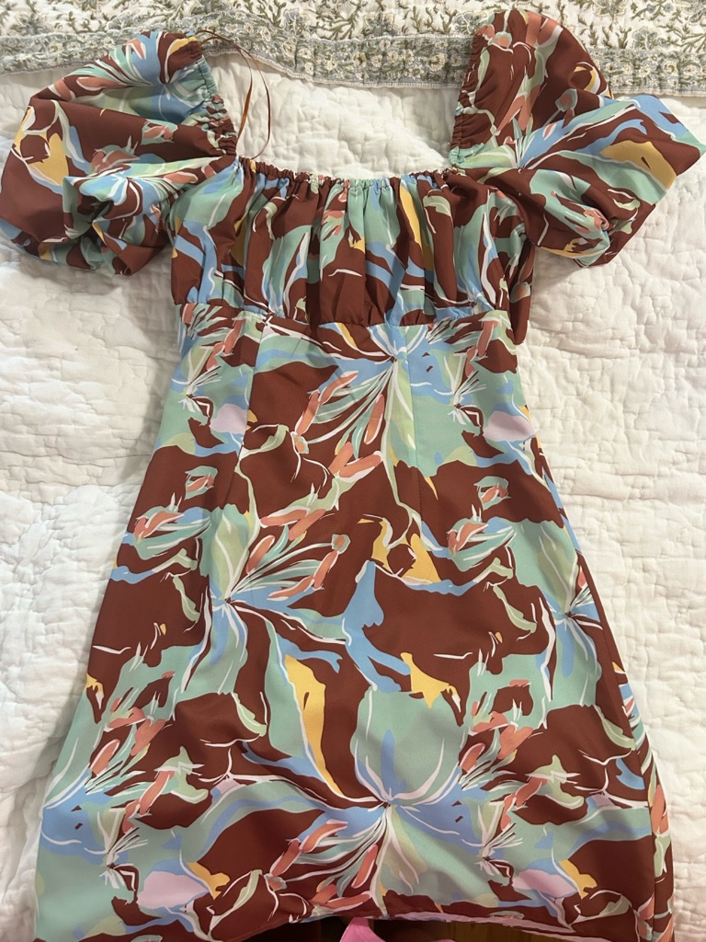 Brown Multi Floral Puff Sleeve Dress - Size S